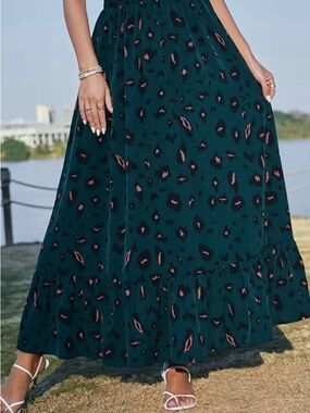 SHEIN Leopard Print Skirt Size Large Teal Tiered Maxi Skirt